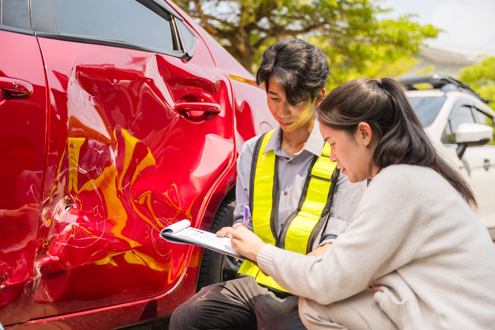Insurance agent and driver inspecting damage on a red car after a crash