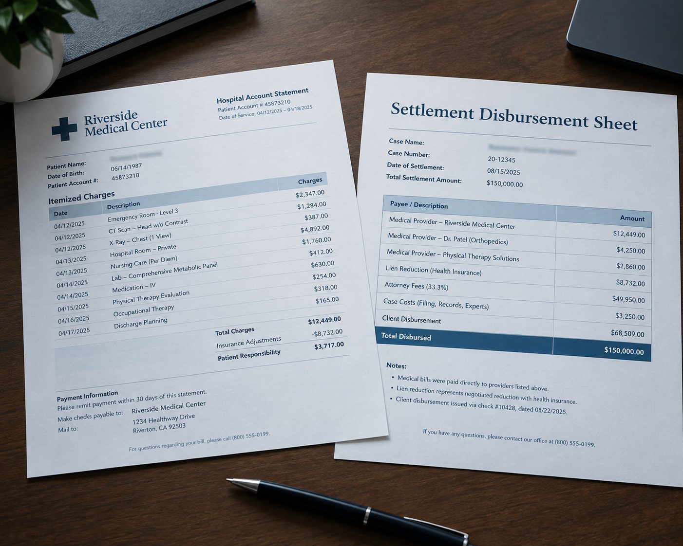 Hospital itemized bill and settlement disbursement sheet side by side on a desk